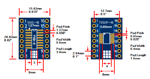 PSB-6 SOIC TSSOP 16-Pin Adapter Dimensions - Small