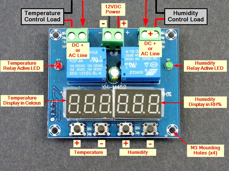 XH-M452 Dual Digital Temperature Humidity Controller - Connections