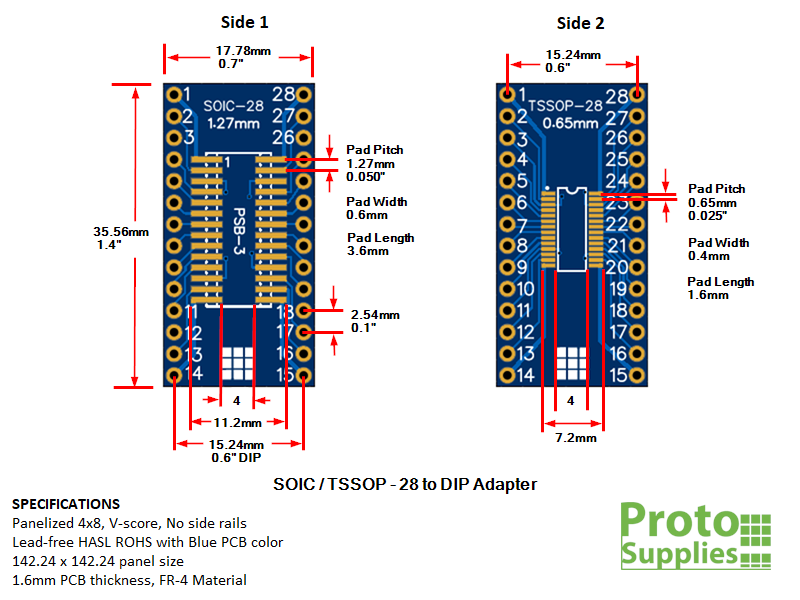 PSB-3 SOIC TSSOP 28-Pin Adapter Panelized Dimensions