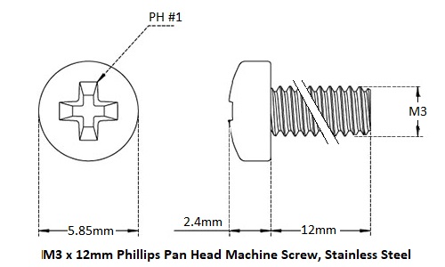 M3 X 12 Pan Head Phillips Machine Screw Dimensions