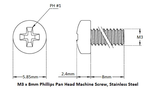 M3 X 8 Pan Head Phillips Machine Screw Dimensions