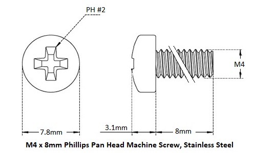 M4 X 8 Pan Head Phillips Machine Screw Dimensions